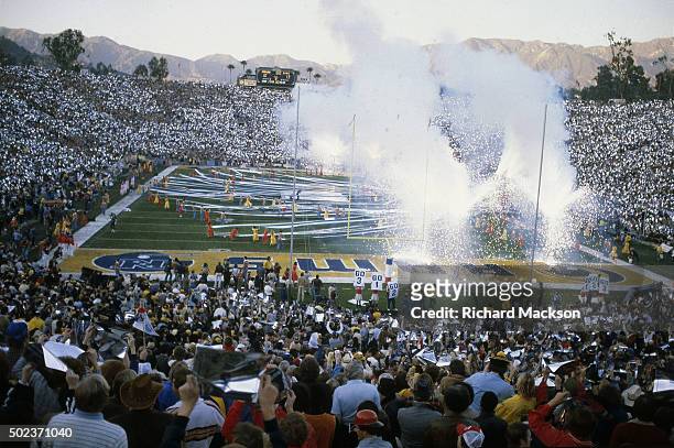 Super Bowl XIV: View of halftime show featuring "Up with People" during Los Angeles Rams vs Pittsburgh Steelers game at Rose Bowl Stadium. Pasadena,...
