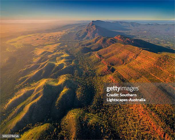 an aerial view of the southern flinders ranges near wilpena, south australia. - australia outback stock pictures, royalty-free photos & images