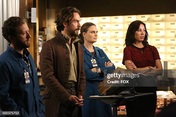 Thyne, guest star Tom Mison, Emily Deschanel and Michaela Conlin in the special "The Resurrection in the Remains" BONES/SLEEPY HOLLOW crossover...