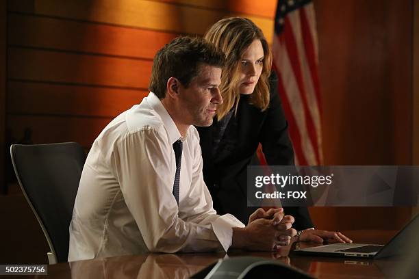 David Boreanaz and Emily Deschanel in the special "The Resurrection in the Remains" BONES/SLEEPY HOLLOW crossover episode of BONES airing Thursday,...