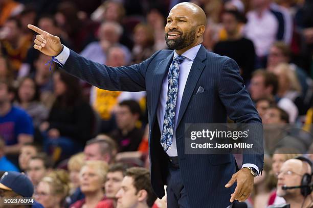 Derek Fisher of the New York Knicks yells to his players during the second half against the Cleveland Cavaliers at Quicken Loans Arena on December...