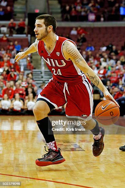 Michael Orris of the Northern Illinois Huskies dribbles the ball during the game against the Ohio State Buckeyes at Value City Arena on December 16,...