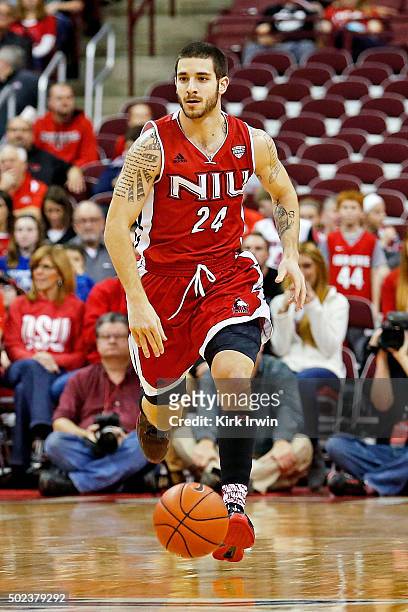 Michael Orris of the Northern Illinois Huskies dribbles the ball during the game against the Ohio State Buckeyes at Value City Arena on December 16,...