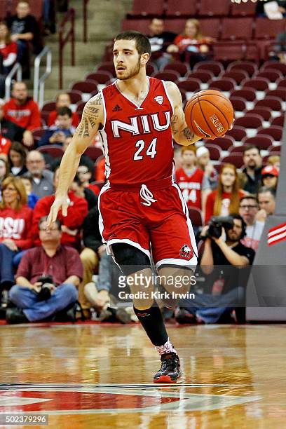 Michael Orris of the Northern Illinois Huskies dribbles the ball during the game against the Ohio State Buckeyes at Value City Arena on December 16,...