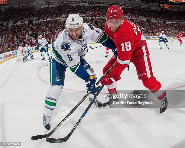 Chris Tanev of the Vancouver Canucks battles in the corner with Joakim Andersson of the Detroit Red Wings during an NHL game at Joe Louis Arena on...