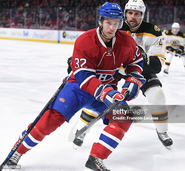 Brian Flynn of the Montreal Canadiens skates for the puck against the Boston Bruins in the NHL game at the Bell Centre on December 9, 2015 in...
