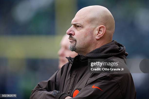 Head coach Mike Pettine of the Cleveland Browns looks on against the Seattle Seahawks at CenturyLink Field on December 20, 2015 in Seattle,...