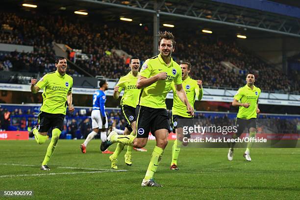 Dale Stephens of Brighton & Hove Albion celebrates scoring the opening goal during the Sky Bet Championship match between Queens Park Rangers and...