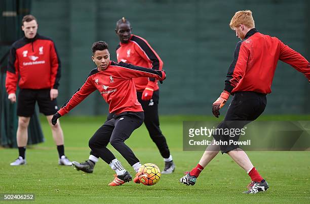 Allan Rodrigues de Souza and Adam Bogdan during a training session at Melwood Training Ground on December 24, 2015 in Liverpool, England.