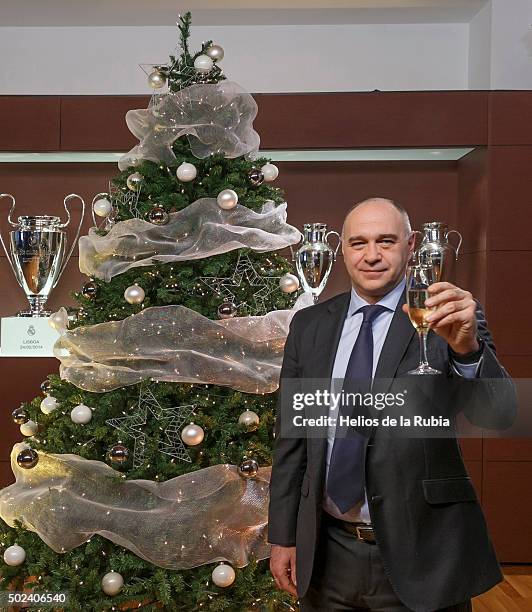 Basketball head coach Pablo Laso poses during a Real Madrid Christmas portrait session at Estadio Santiago Bernabeu on December 23, 2015 in Madrid,...