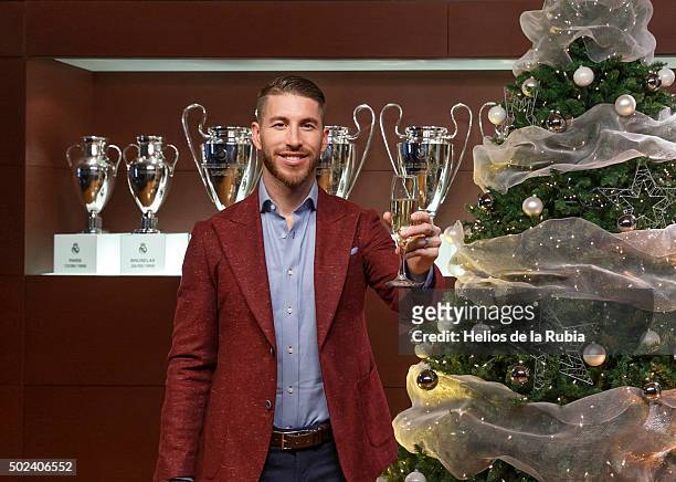 Sergio Ramos poses during a Real Madrid Christmas portrait session at Estadio Santiago Bernabeu on December 23, 2015 in Madrid, Spain.