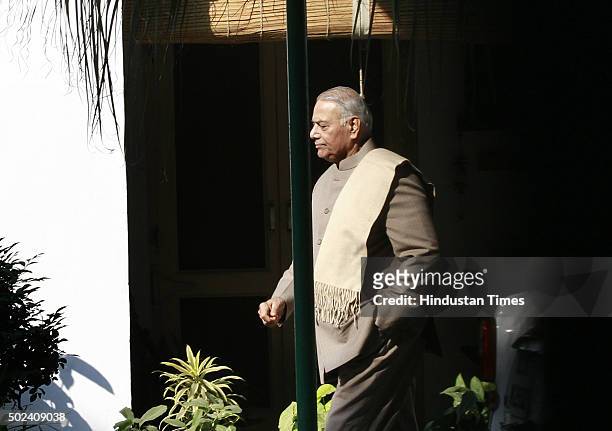 Leader Yashwant Sinha coming out after meeting with veteran party leaders Murali Manohar Joshi and Shanta Kumar on the suspension of BJP MP Kirti...