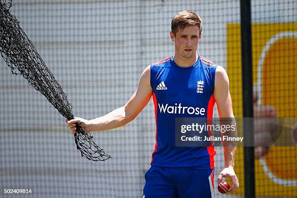 Chris Woakes of England prepares to bowl during England nets and training session at Sahara Stadium Kingsmead on December 24, 2015 in Durban, South...