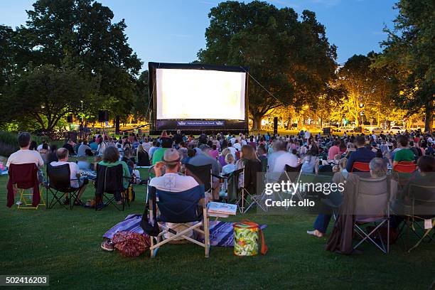 spectators at open-air cinema - projection screen night stock pictures, royalty-free photos & images