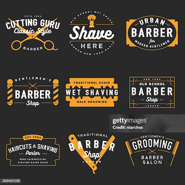 ilustraciones, imágenes clip art, dibujos animados e iconos de stock de barber shop emblems - razor blade