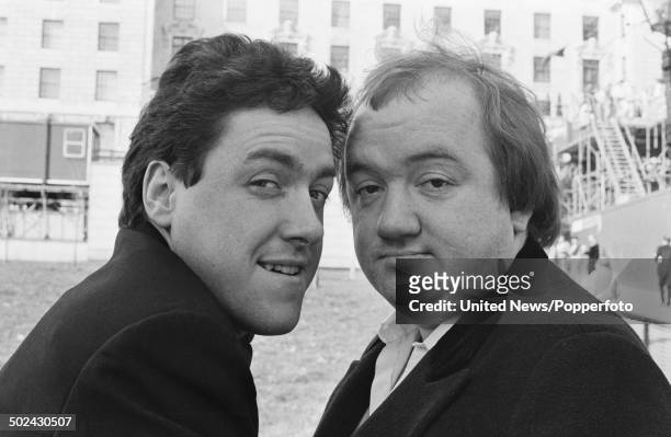 British actors and comedians Griff Rhys Jones and Mel Smith posed together in London on 14th March 1985.