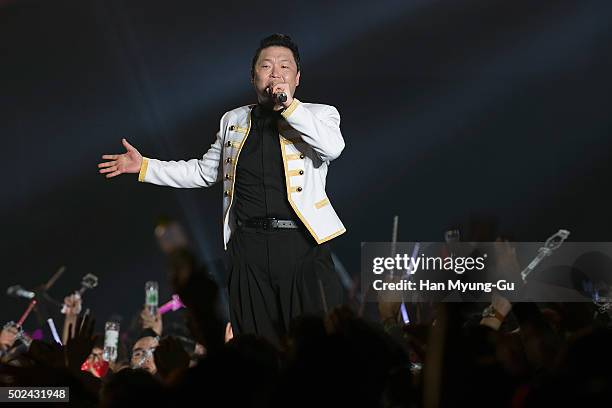 South Korean singer PSY performs onstage during the 'All Night Stand 2015' on December 24, 2015 in Seoul, South Korea.