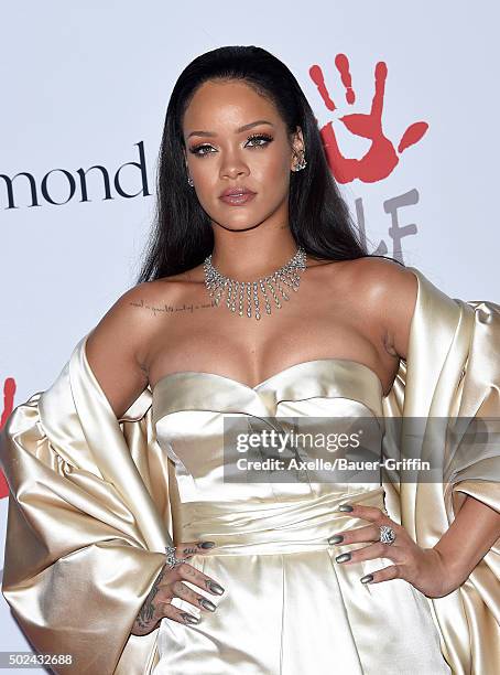 Recording artist Rihanna arrives at Rihanna and The Clara Lionel Foundation Host 2nd Annual Diamond Ball at The Barker Hanger on December 10, 2015 in...