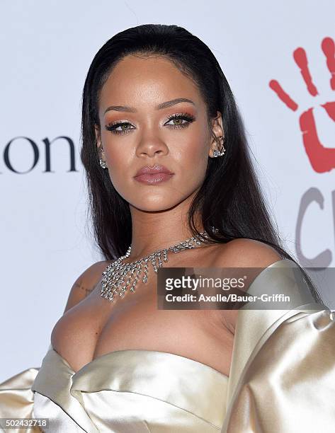 Recording artist Rihanna arrives at Rihanna and The Clara Lionel Foundation Host 2nd Annual Diamond Ball at The Barker Hanger on December 10, 2015 in...