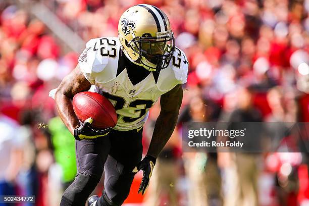 Marcus Murphy of the New Orleans Saints in action during the game against the Tampa Bay Buccaneers at Raymond James Stadium on December 13, 2015 in...