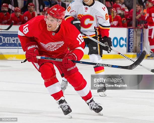 Joakim Andersson of the Detroit Red Wings skates up ice during an NHL game against the Calgary Flames at Joe Louis Arena on December 20, 2015 in...