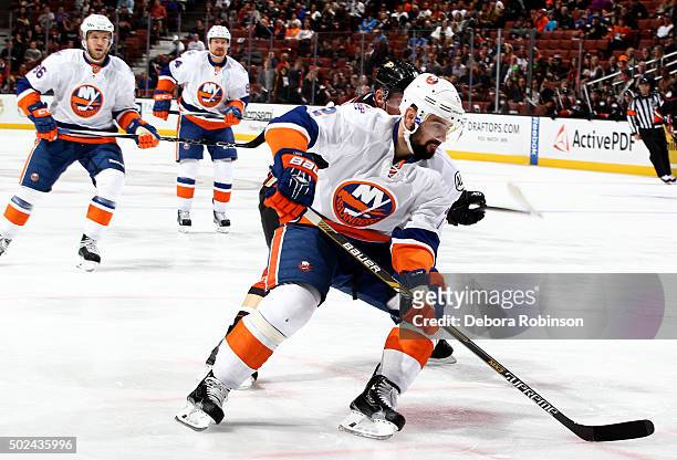 Nick Leddy of the New York Islanders handles the puck during the game against the Anaheim Ducks on November 13, 2015 at Honda Center in Anaheim,...
