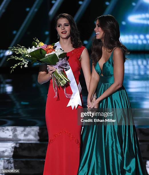 Miss Slovenia 2015, Ana Halozan , makes an appearance with Miss Universe 2014 Paulina Vega during the 2015 Miss Universe Pageant at The Axis at...