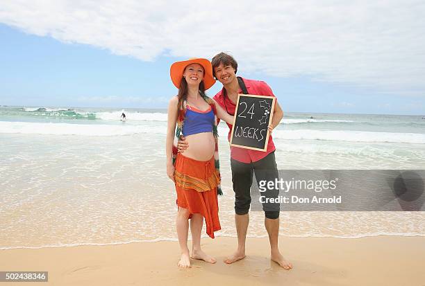 Heidi and Tim Zolka from Melbourne pose at Bondi Beach on December 25, 2015 in Sydney, Australia. Bondi Beach is a popular tourist destination on...