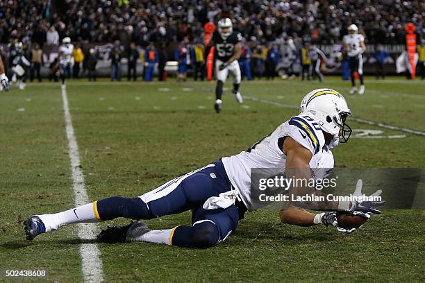 Wide receiver Malcom Floyd of the San Diego Chargers makes a catch in the third quarter against the Oakland Raiders at O.co Coliseum on December 24,...