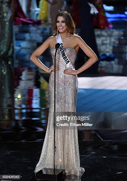 Miss Colombia 2015, Ariadna Gutierrez Arevalo, answers a question during the interview portion of the 2015 Miss Universe Pageant at The Axis at...