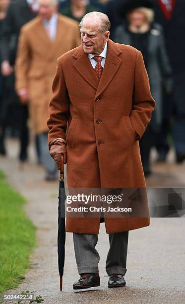 Prince Philip, Duke of Edinburgh attends a Christmas Day church service at Sandringham on December 25, 2015 in King's Lynn, England.