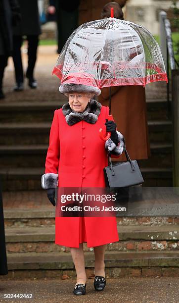 Queen Elizabeth II attends a Christmas Day church service at Sandringham on December 25, 2015 in King's Lynn, England.