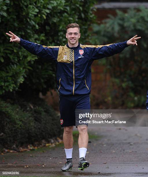 Calum Chambers of Arsenal before a training session at London Colney on December 25, 2015 in St Albans, England.