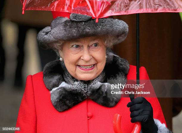 Queen Elizabeth II attends a Christmas Day church service at Sandringham on December 25, 2015 in King's Lynn, England.