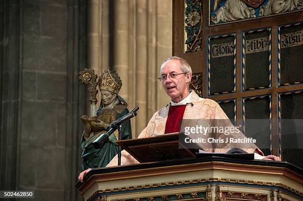 The Archbishop of Canterbury, Justin Welby, speaks from his pulpit and delivers his Christmas Day sermon to the congregation at Canterbury Cathedral...
