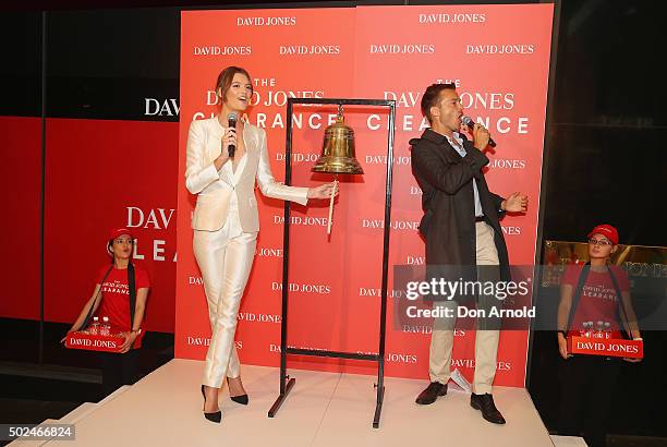 Montana Cox rings the bell and James Kerley announces the official start of the Boxing Day sales on December 26, 2015 in Sydney, Australia. Boxing...