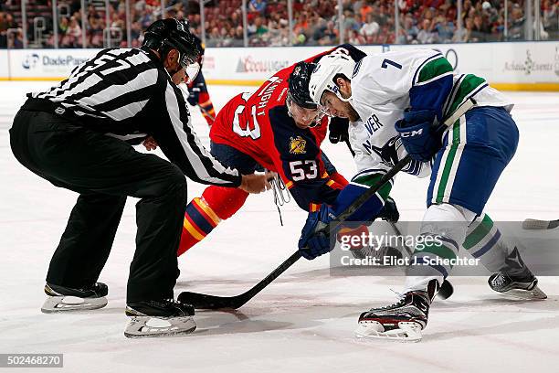 Linden Vey of the Vancouver Canucks faces off against Corban Knight of the Florida Panthers at the BB&T Center on December 20, 2015 in Sunrise,...