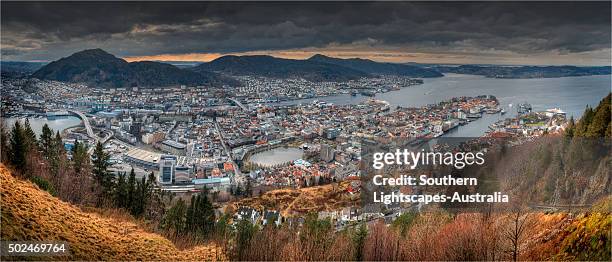a winter panorama of the city of bergen, norway. - bergen stock pictures, royalty-free photos & images