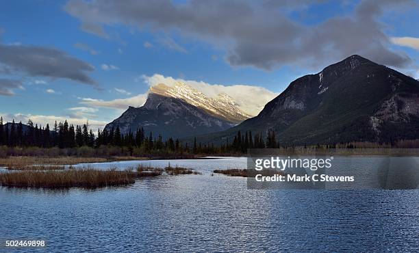 mount rundle caught in the beautiful light of the late afternoon sun - mark rundele stock pictures, royalty-free photos & images