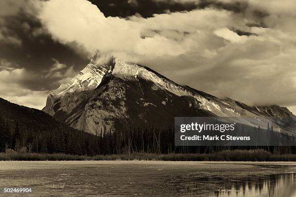 a late afternoon viewing of mount rundle and the vermillion lakes (black & white) - mark rundele stock pictures, royalty-free photos & images