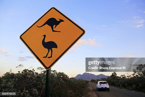 wildlife warning sign with stirling range - western australia road stock pictures, royalty-free photos & images