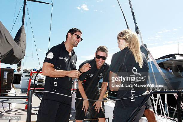 Anthony Minichello, Michael Clarke, Erin Molan and Kurtley Beale aboard Perpetual LOYAL as it prepares to depart from Rose Bay Marina on December 26,...