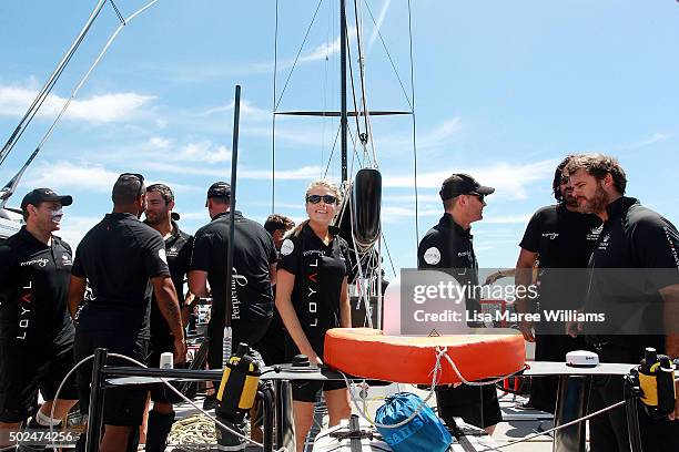Erin Molan joins crew aboard Perpetual LOYAL during their Boxing Day Bon Voyage at Rose Bay Marina on December 26, 2015 in Sydney, Australia.