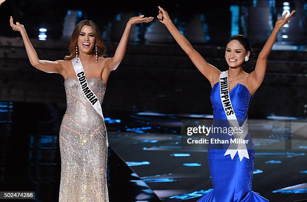 Miss Colombia 2015, Ariadna Gutierrez Arevalo , and Miss Philippines 2015, Pia Alonzo Wurtzbach, react after being named two of the top three...