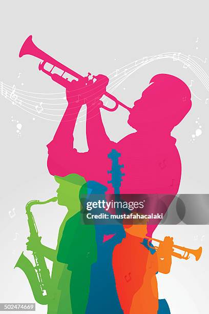 ilustraciones, imágenes clip art, dibujos animados e iconos de stock de coloridos jazz band - trompeta