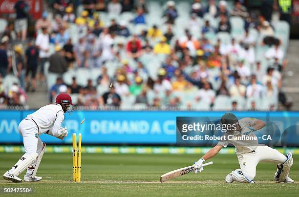 Joe Burns of Australia is stumped by Denesh Ramdin of the West Indies during day one of the Second Test match between Australia and the West Indies...