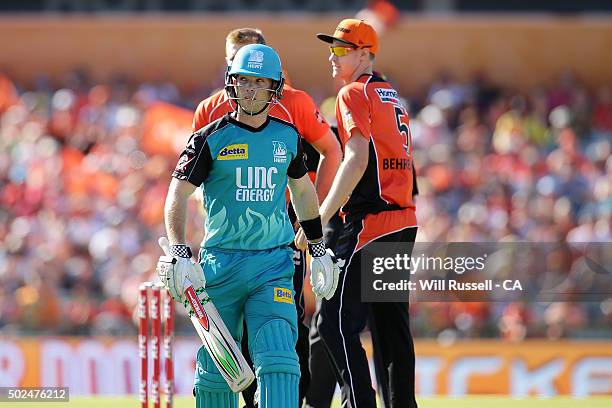 Jimmy Peirson of the Heat leaves the field after being dismissed during the Big Bash League match between the Perth Scorchers and the Brisbane Heat...