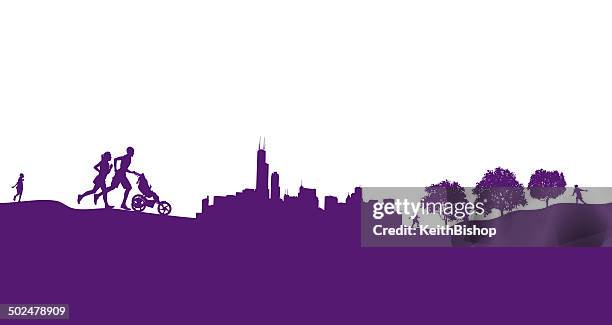 city park couple jogging exercise graphic - chicago loop stock illustrations