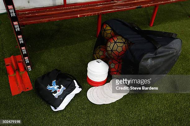 Practice balls and cones are left in the Crystal Palace dug out prior to the Barclays Premier League match between A.F.C. Bournemouth and Crystal...