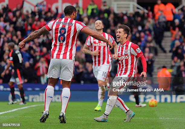 Bojan Krkic of Stoke City celebrates after scoring a goal to make it 1-0 during the Barclays Premier League match between Stoke City and Manchester...